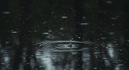Close-up of raindrops falling on a dark water surface, creating ripples and reflections in a moody atmospheric scene