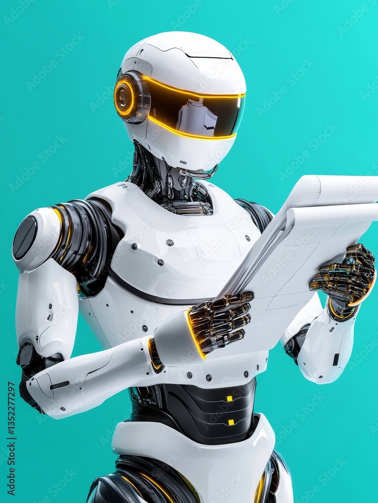 Poster advanced robot architect studying blueprints - futuristic robot, engineering, technological advancem