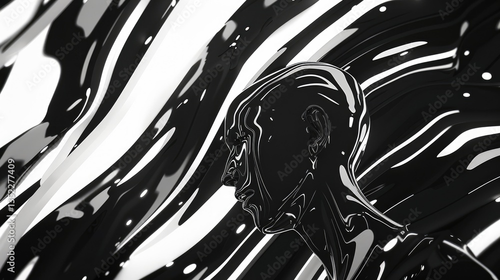 Poster a captivating black and white animation featuring a stylized human figure. the design showcases flui