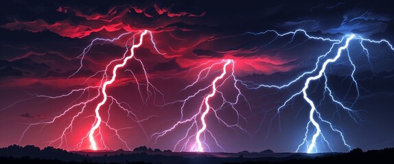 Electric storm with glowing red and blue lightning forks