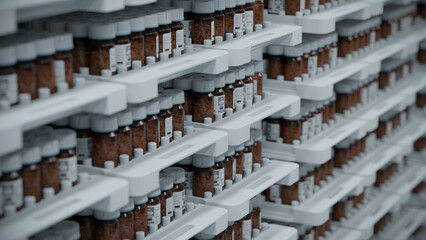 Shelves Stocked With Medicine Bottles in a Pharmaceutical Storage Facility