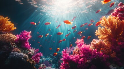 Naklejka premium Sunbeams Illuminating Vibrant Coral Reef