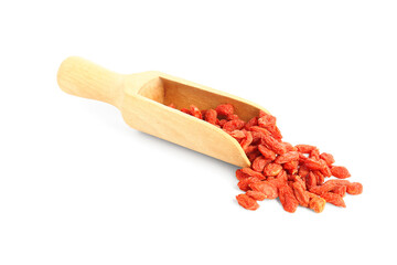 Wooden scoop with red dried goji berries on white background