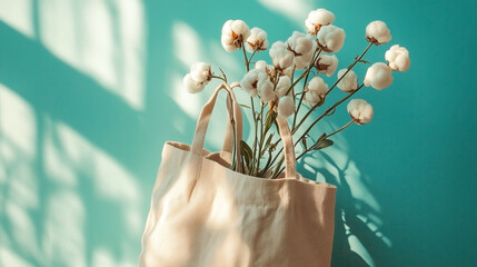 Cotton tote bag with cotton flowers against turquoise background