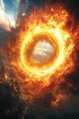 Fototapeta premium Fiery portal in a turbulent sky, swirling clouds, and dramatic light effects