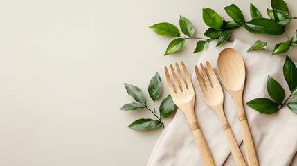 Flat lay of bamboo cutlery with green leaves and linen napkin