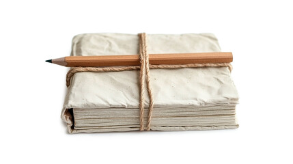 Recycled kraft paper notebook tied with twine and wooden pencil on white background