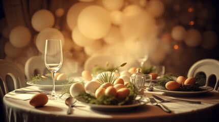 Dreamy photograph of a festive Easter table setting with a soft, hazy atmosphere and soft light. The image has soft contrast and saturation, showcasing a warm, slightly dark tone.