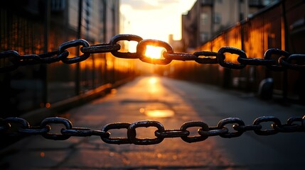 Sunset through a rusty chain-link fence in an alley