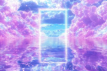 Obraz premium A bright glowing doorway opening towards a dreamy landscape
