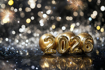 Gold New Year's celebration balloons and fireworks.