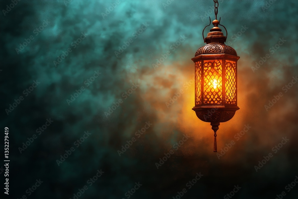 Poster hanging decorative lantern casting warm light in a tranquil setting with a textured background