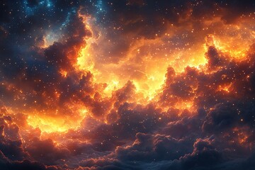 Fiery sky, orange clouds, hints of blue, speckled stars, dreamy abstract vista