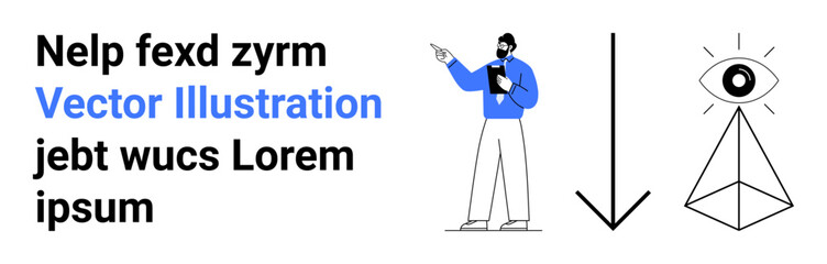 Male presenter in formal attire pointing, holding clipboard, standing by icons of an eye and downward arrow. Ideal for presentations, guidance, vision, focus, leadership, decision-making simple