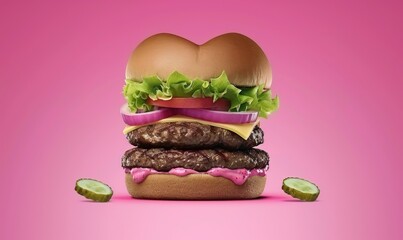 Whimsical Heart-Shaped Hamburger with Pink Sauce, Fresh Vegetables, Cheese, and Pickles on Bright Pink Background for Trendy Food Photography