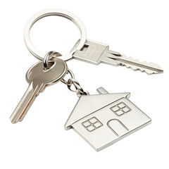 House keys on a white background with a keyring and metal keys for security and home unlocking