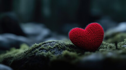 Fototapeta premium A red knitted heart rests on a mossy stone in a dark and moody forest setting, creating a contrast of warmth and nature.