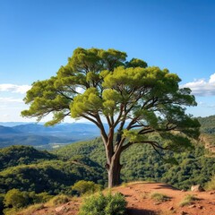 Fototapeta premium Acacia tree in the Taita Hills, Kenya Lush green foliage, rugged landscape, savanna, flora, sun