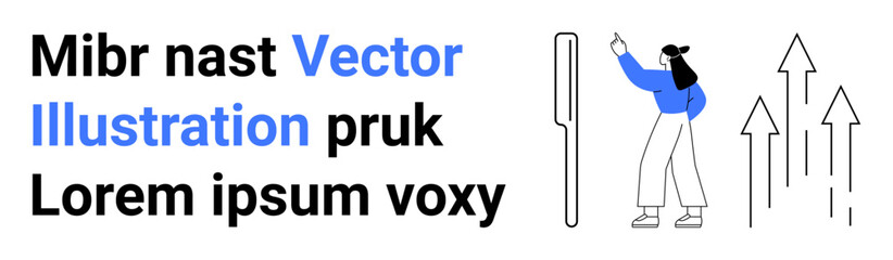 Woman in blue sweater pointing at a tall signpost beside upward arrows. Ideal for growth, progress, navigation, direction, leadership, opportunity, simple landing page