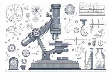 An illustrated depiction of a scientific microscope and related items