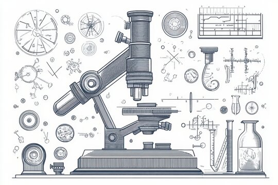 An illustrated depiction of a scientific microscope and related items