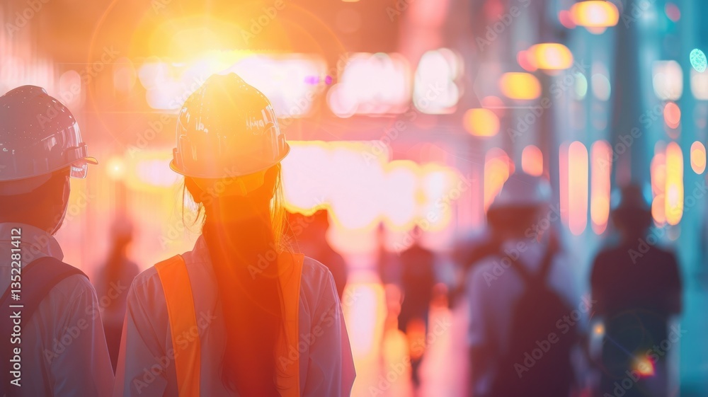 Poster back view of engineer or mechanic wearing safety helmet with blurring background. attractive worker 