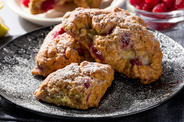 Pear and raspberry scones. Fresh pastries.