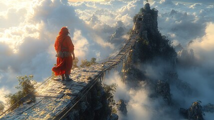 Figure in red robe walks misty mountain path toward distant temple