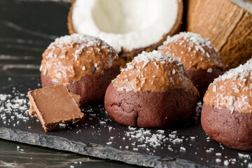Delicious homemade chocolate coconut cookies, close-up.