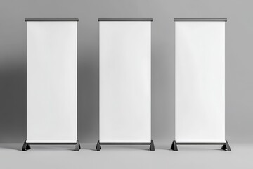 Three Blank Roll Up Banner Stands Mockup Modern Trade Show Display Design