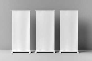 Three Blank Roll Up Banner Stands Mockup Trade Show Display Design