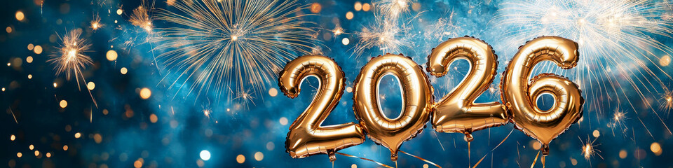 Gold New Years 2026 celebration balloons and fireworks banner illustration.