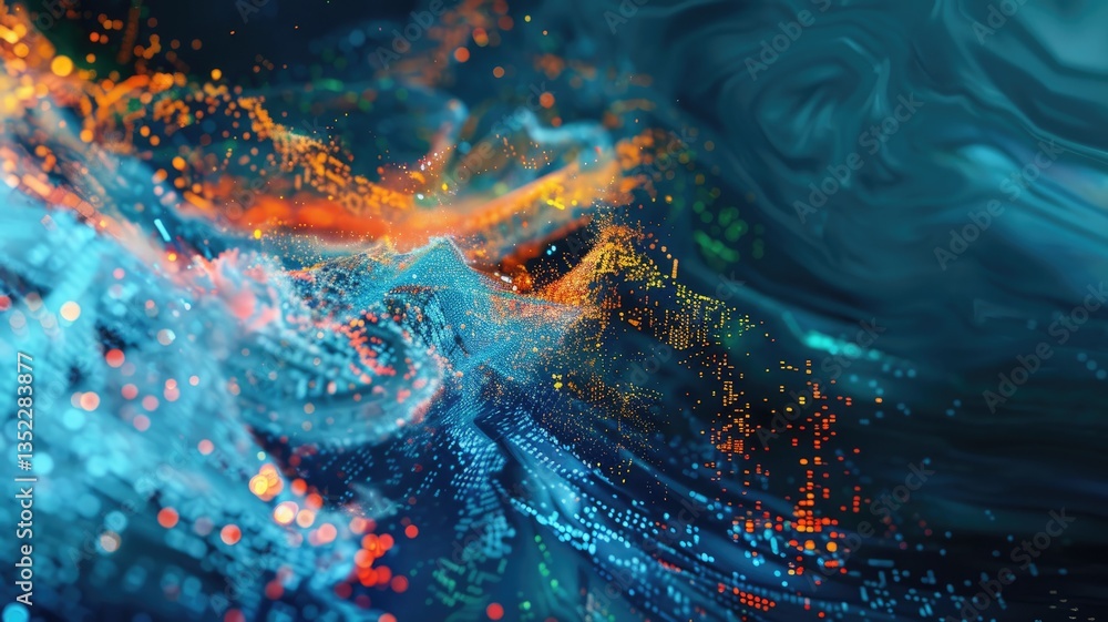 Poster abstract explosion with bright particles and dynamic motion. digital art for design with vibrant col