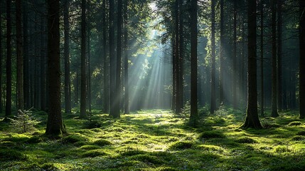 Fototapeta premium Sunlit Forest Path Lush Green Moss Tranquil Nature Scene