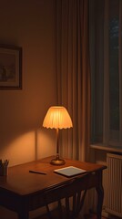 Cozy evening scene with a lit table lamp on a wooden desk, tablet, and pen.  Perfect for relaxation, calmness, and home office themes.