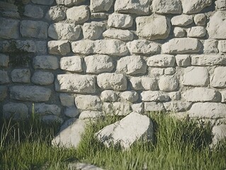 Stone wall texture with grass and rocks at the base.  Perfect for backgrounds, website design, and more.