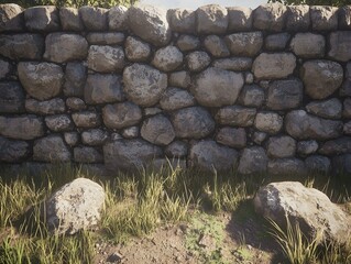Rustic stone wall, sunlit, grass, boulders. Perfect for game assets, backgrounds, textures.