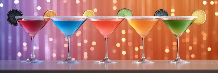 Obraz premium Rainbow Martini Cocktails Festive Drinks - Five vibrant rainbow-colored martini cocktails, garnished with sugared rims and fruit slices. Symbolizing celebration, fun, refreshment, vibrancy