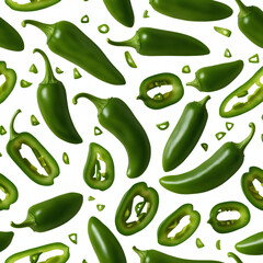 Organic green food design elements featuring a collection of whole, half, and sliced jalapenos or chili peppers, isolated on transparency with top and side views