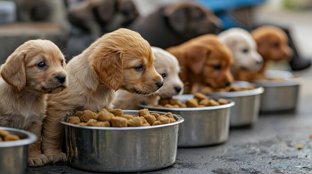 A lineup of puppies waiting for food