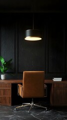Modern home office interior design with dark walls, wooden desk, brown leather chair, and stylish pendant light.