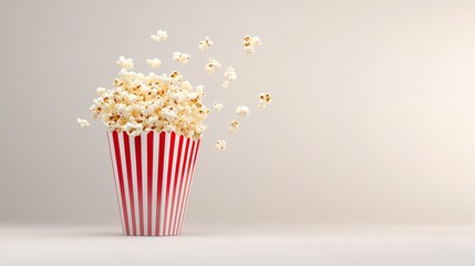 Red Striped Popcorn Box Overflowing - A red and white striped popcorn box overflowing with popcorn, symbolizing fun, movie night, entertainment, snack, and joy