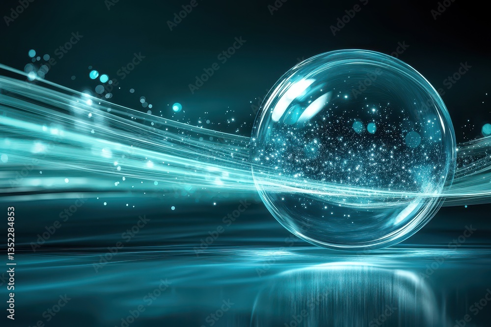 Poster an abstract image showing a glass sphere with glowing trails