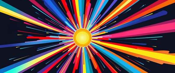 Fototapeta premium Radiant sunburst of multicolored light flares on black