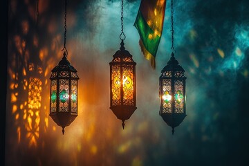Illuminated Ramadan Lanterns Hanging with Festive Flag, Mystical Atmosphere