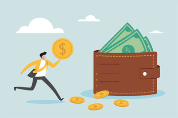 Salary, wages or income, making money profit, cash or economics, financial saving, investment or expense, spending, salary payroll, compensation concept, businessman hold money with wallet banknotes.