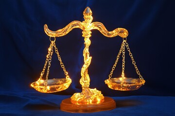Illuminated Glass Scales of Justice Law, Balance, Legal Concept