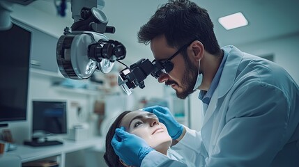 Male doctor using surgical microscope during ophthalmic examination of female patient.