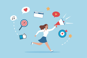 Marketing strategy, communication for online website, social media or market research, advertising, seo optimization or marketing campaign concept, woman speak on megaphone with marketing elements.