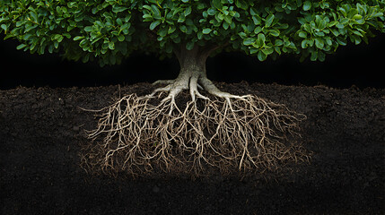 Stunning close-up of a tree's root system and lush green foliage against a black background, showcasing the intricate network of roots beneath the soil.